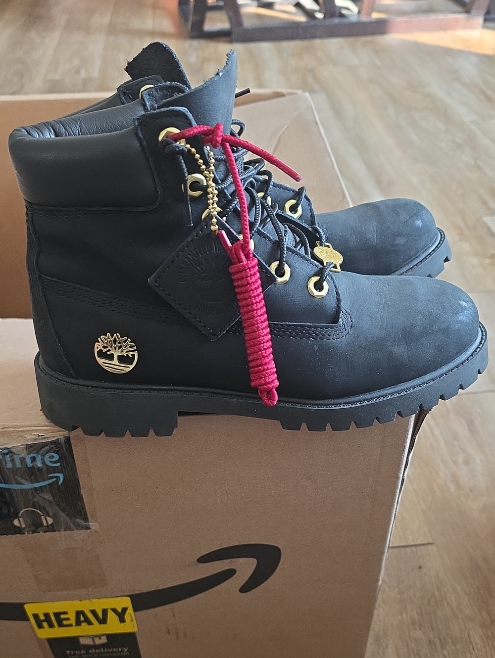 Brand New Timberland Kids Black Boots Size 4.5Y with Red Lace Accent No Box